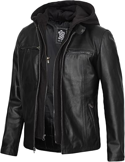 Domnite Men’s Full Grain Bomber Leather Jacket – Versatile Hooded Design with Removable Hood for the Fearless