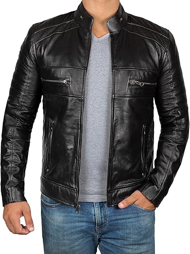 Domnite Brown Leather Jacket Mens - Cafe Racer Real Lambskin Leather Distressed Motorcycle Jacket