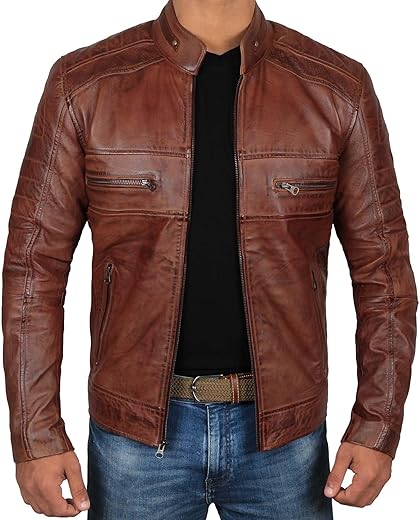 Domnite Brown Leather Jacket Mens - Cafe Racer Real Lambskin Leather Distressed Motorcycle Jacket