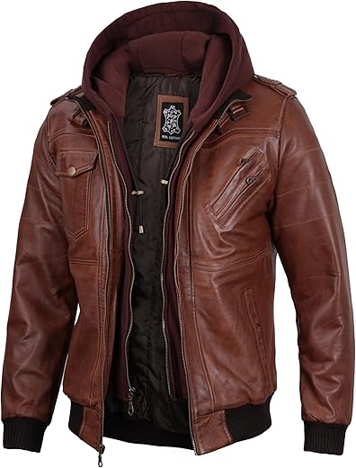 Domnite Hooded Leather Jacket Men - Bomber Leather Jackets For Men With Removable Hood