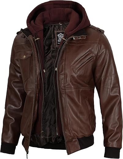 Domnite Hooded Leather Jacket Men - Bomber Leather Jackets For Men With Removable Hood