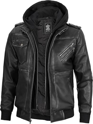 Domnite Hooded Leather Jacket Men - Bomber Leather Jackets For Men With Removable Hood