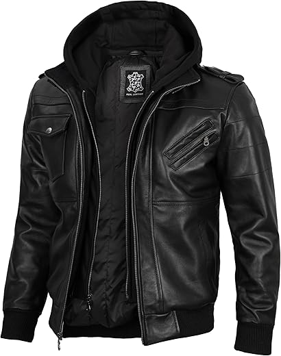 Domnite Men’s Full Grain Leather Hooded Jacket – Versatile Bomber Style with Removable Hood for the Fearless Man