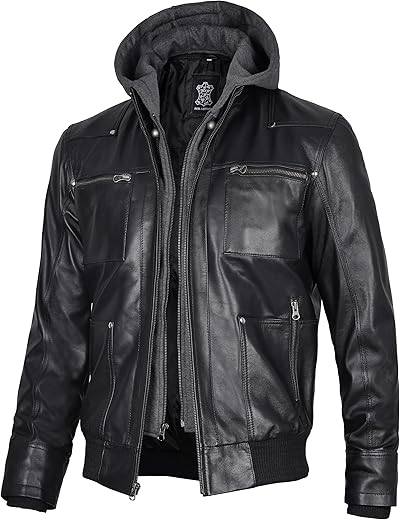 Domnite Men’s Hooded Real Full Grain Leather Jacket – Casual Style for the Modern Man
