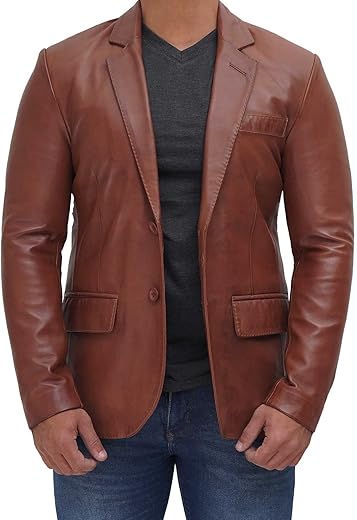 Domnite Men’s Full Grain Leather Blazer – Bold Black and Brown Elegance for the Modern Man