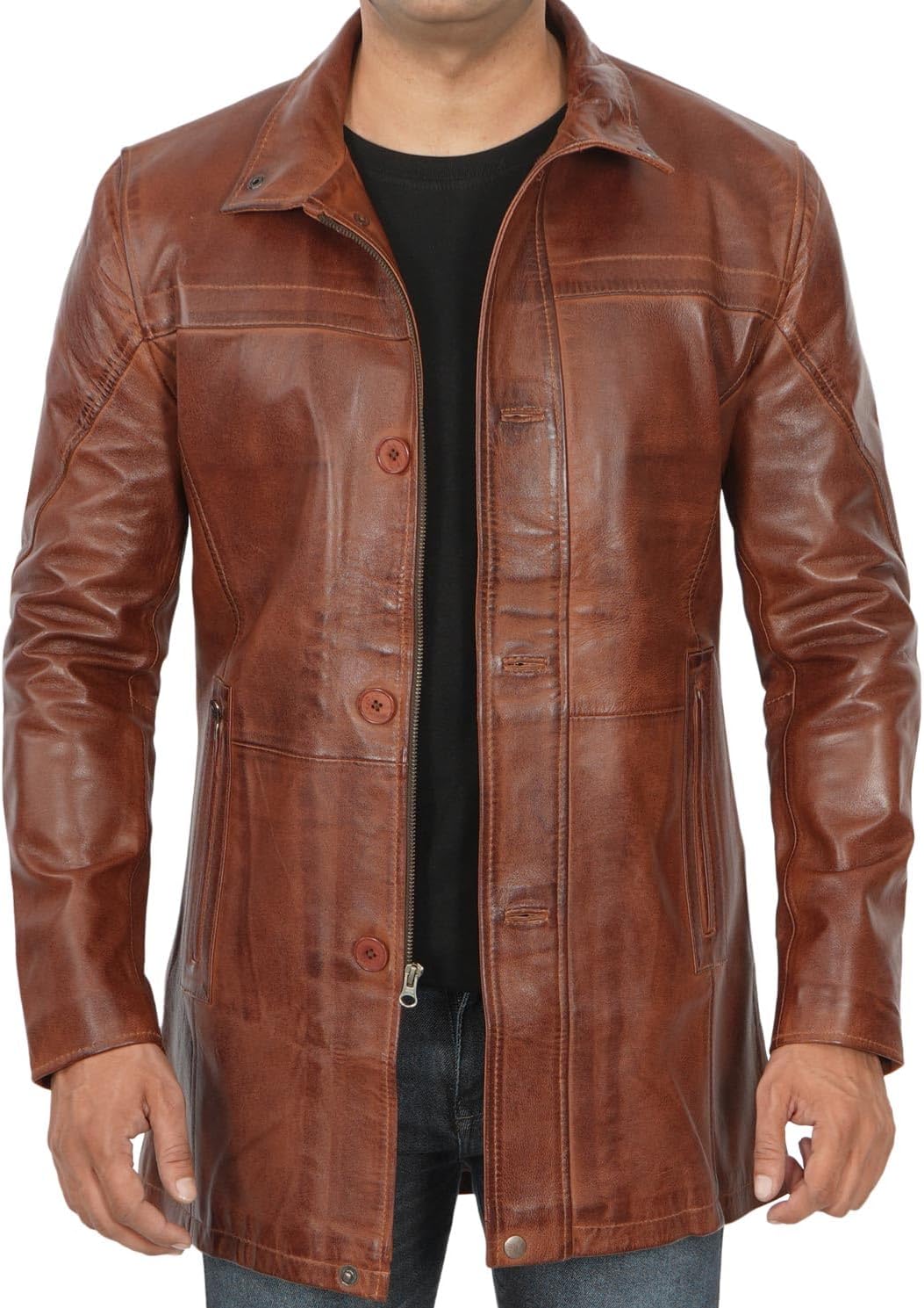 Domnite Men’s Full Grain Leather Coat – Stylish Blazer and Car Coat Hybrid for the Distinguished Man