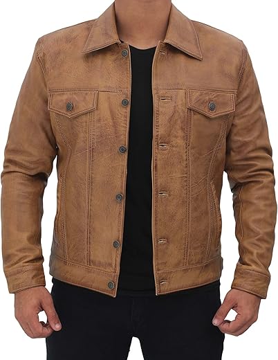 Domnite Men’s Real Full Grain Leather Jacket – Vintage Trucker Style for Timeless Cool