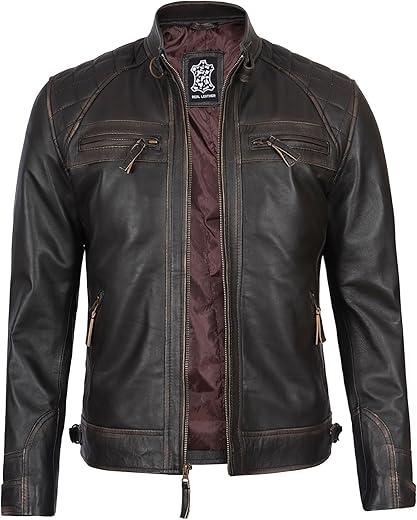 Domnite Leather Jacket Men - Real Lambskin Cafe Racer Biker Style Casual Leather Jackets For Mens