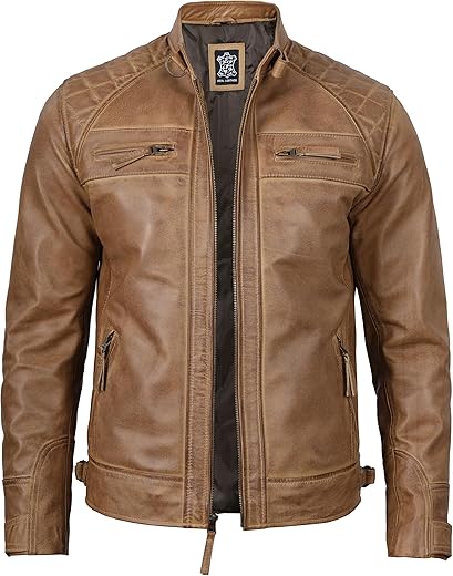 Domnite Leather Jacket Men - Real Lambskin Cafe Racer Biker Style Casual Leather Jackets For Mens