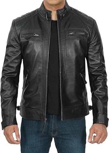Domnite Leather Jacket Mens - Cafe Racer Syle Real Lambskin Leather Jackets for Men