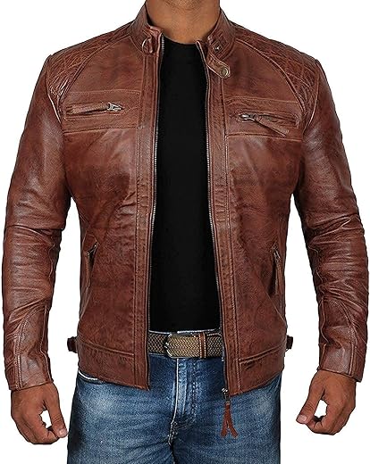Domnite Leather Jacket Mens - Cafe Racer Syle Real Lambskin Leather Jackets for Men
