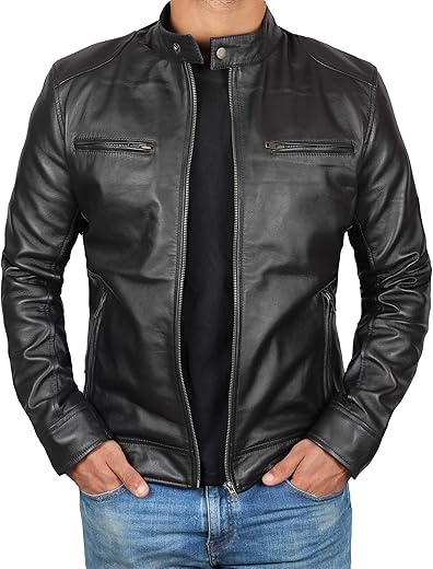 Domnite Mens Leather Jacket - Cafe Racer Style Real Lambskin Leather Jacket Men