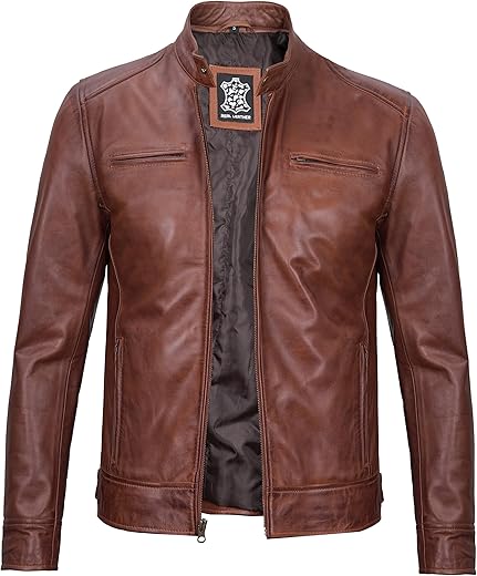 Domnite Mens Leather Jacket - Cafe Racer Style Real Lambskin Leather Jacket Men