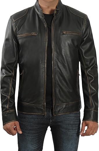 Domnite Mens Leather Jacket - Cafe Racer Style Real Lambskin Leather Jacket Men