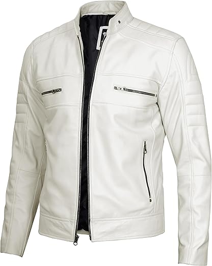 Domnite Mens Leather Jacket - Real Lambskin Cafe Racer Style Leather Biker Jackets For Men