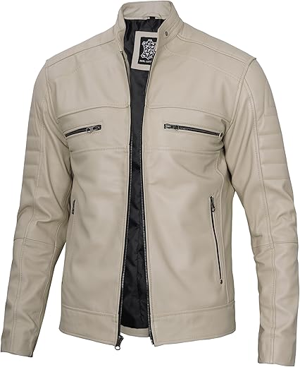 Domnite Mens Leather Jacket - Real Lambskin Cafe Racer Style Leather Biker Jackets For Men