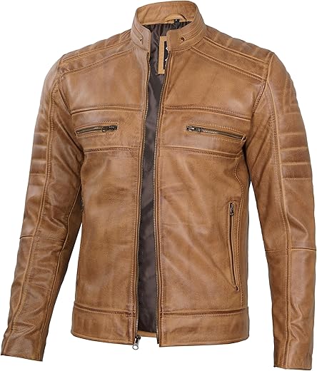 Domnite Mens Leather Jacket - Real Lambskin Cafe Racer Style Leather Biker Jackets For Men