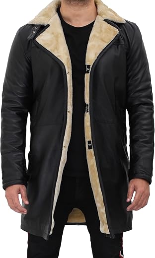 Domnite Men’s Shearling Leather Trench Coat – Black Real Full Grain Leather with Luxurious Fur Lining