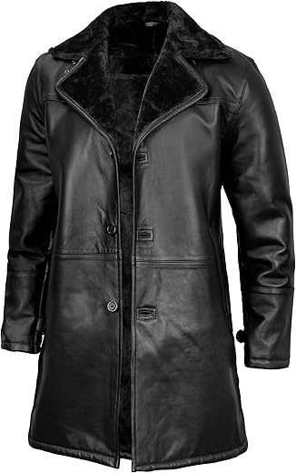 Domnite Men’s Shearling Leather Trench Coat – Black Real Full Grain Leather with Luxurious Fur Lining