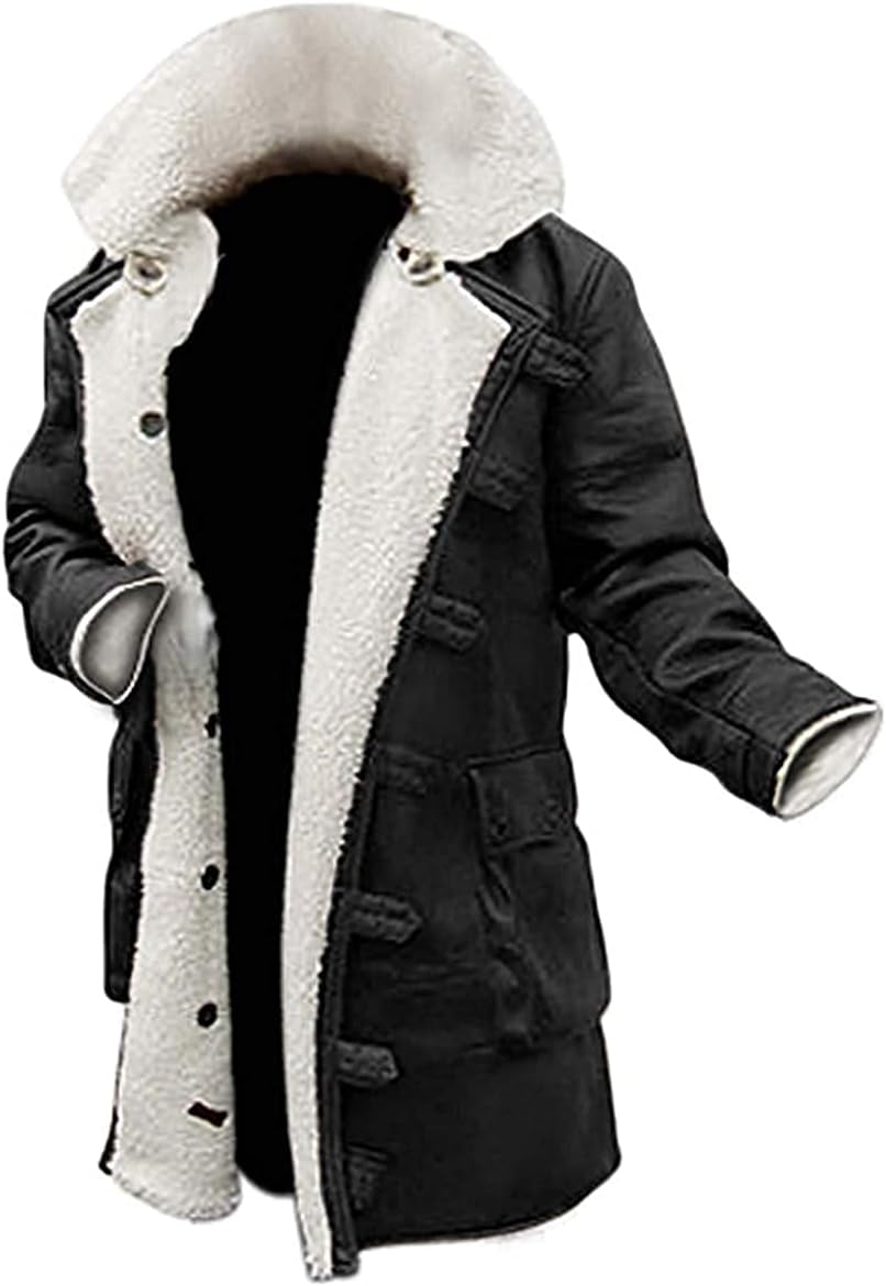 Domnite Shearling Leather Trench Coat Mens - Real Lambskin Long Leather Jacket Fur Coats
