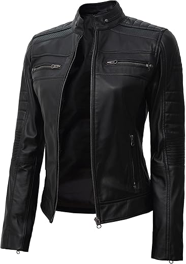 Domnite Women’s Black Real Full Grain Leather Jacket – Cafe Racer Style for the Bold Woman