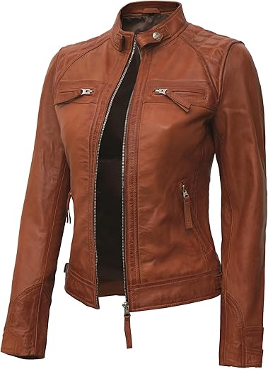 Domnite Womens Leather Jacket - Real Lambskin Cafe Racer Style Black And Brown Leather Jacket For Women