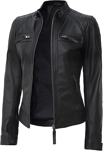 Domnite Women’s Real Full Grain Leather Jacket – Cafe Racer Style in Black for the Confident Woman